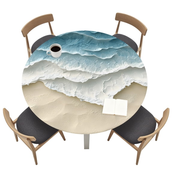Abstract Beach Waves Round Fitted Tablecloth Watercolor Blue Ocean Sand ...