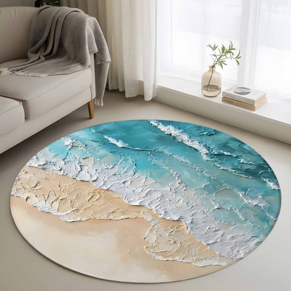 Abstract Beach Waves Round Living Room Rugs 3.3 ft, Blue Watercolor Modern Art Washable Area Rug with Non-Slip Sturdy Edge Binding Round Front Door Mat Floor Carpet for Entryway
