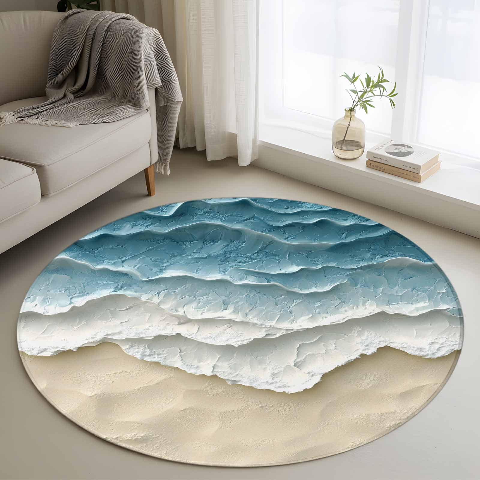Abstract Beach Waves Round Rugs for Living Room 3ft Watercolor Blue ...