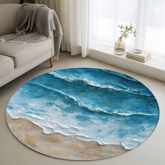 Abstract Beach Waves Round Rugs for Living Room 4ft Watercolor Blue Ocean Non Slip Circle Rug Washable Low-Profile Indoor Carpet for Bedroom, Dining Room, Bathroom