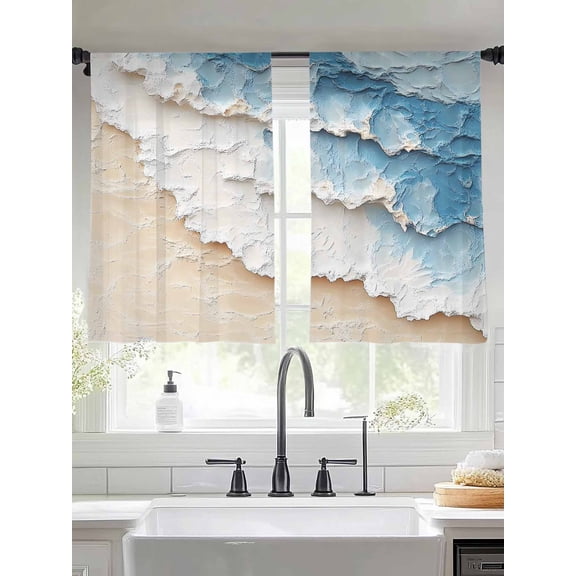 Abstract Beach Waves Sheer Curtains 45 Inches Long 2 Panels Watercolor Blue Ocean Decor Light Filtering Semi Sheer Window Curtains Drapes for Bedroom Living Room 52"x45"