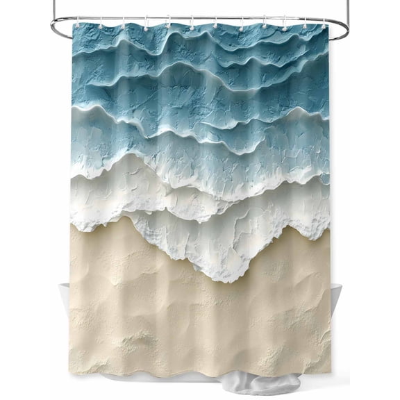 Abstract Beach Waves Shower Curtain, Watercolor Blue Ocean Sand Waterproof Shower Curtain Set with 12 Hooks Lightweight Washable Fabric Shower Curtains for Bathroom 72x78 Inches