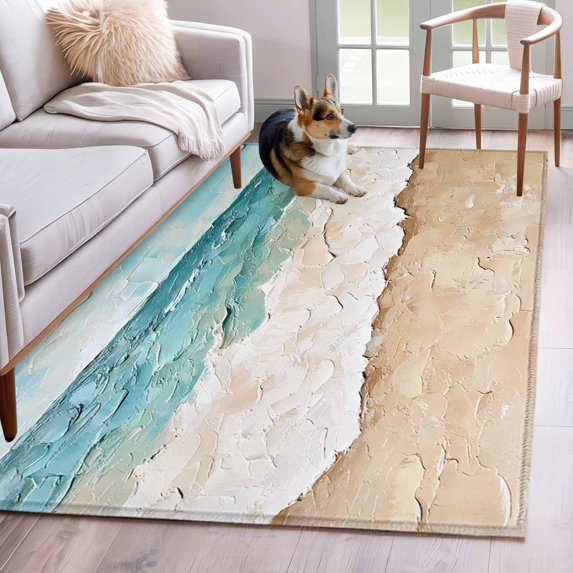 Low Profile Blue Rug Abstract Beach Waves Washable Area Rug 4x6 Retro Watercolor Blue Ocean ...