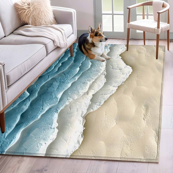 Abstract Beach Waves Washable Area Rugs 2.7'x5', Watercolor Blue Ocean Sand Low Pile Throw Living Room Rug Non-Slip Sturdy Edge Binding Carpet for Indoor Entryway Bedside Kitchen