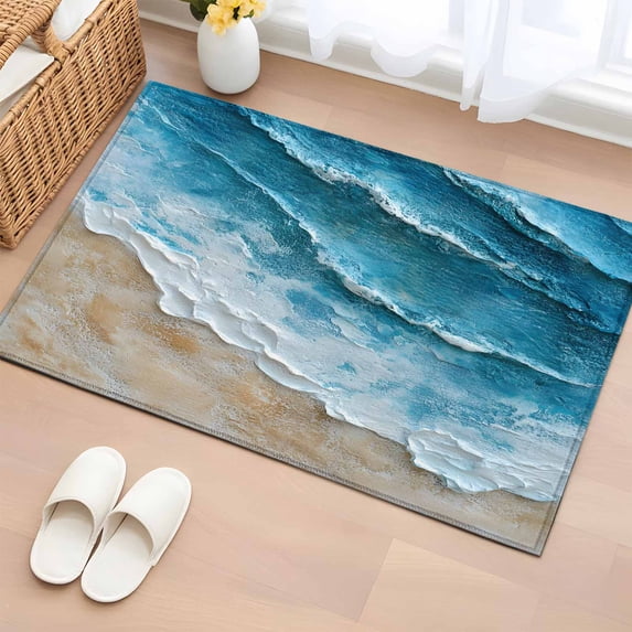 Abstract Beach Waves Washable Small Entryway Area Rugs 2'x3', Watercolor Blue Ocean Low Pile Throw Rug Non-Slip Sturdy Edge Binding Carpet for Front Door Floor Room Entry