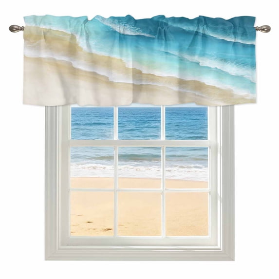 Abstract Beach Window Valance for Kitchen, Light Blue Beige Ombre Ocean Wave Coastal Sand Rod Pocket Short Curtain for Small Windows, Light Filtering Decorative Valance, 60 x 18 Inch