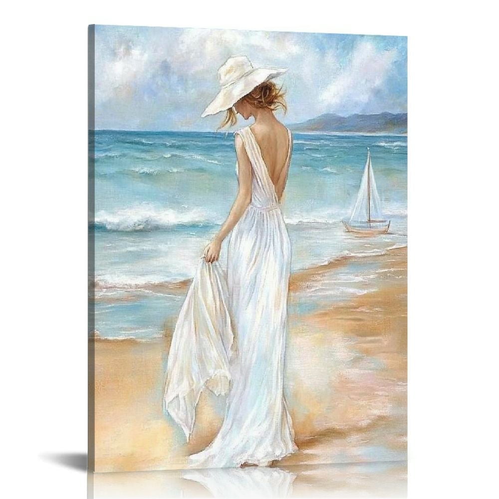 Abstract Beach & Girl Artwork Picture Blue Seascape Painting Coastal Wall Art on Canvas for