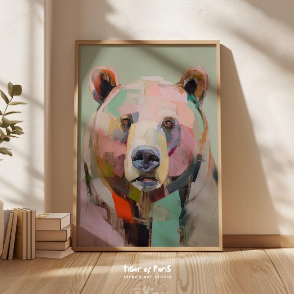 Abstract Bear Portrait Wall Art Sage Green Pink Animal