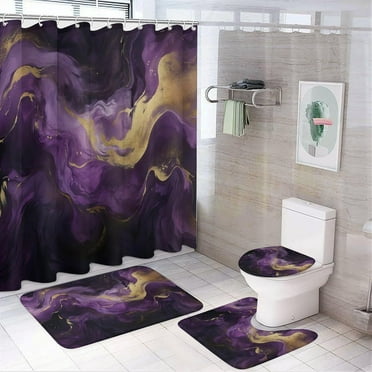 Abstract Beautiful Purple Marble Shower Curtain Sets 4 Piece,Watercolor Luxury Ink Gold Foil Texture Marble Bathroom Decor Sets with Rugs Include Waterproof Non-Slip Toilet Lid Cover Bath Mat