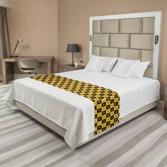 Abstract Bed Runner, Circular Tribal Inspired Geometric Pattern, Decorative Accent Bedding Scarf for Hotels Homes and Guestrooms, King, Pale Coffee Indigo, by Ambesonne