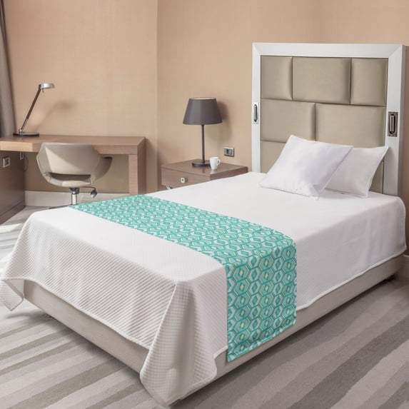 Abstract Bed Runner, Geometric Pattern with Rhombs and Hexagons, Decorative Accent Bedding Scarf for Hotels Homes and Guestrooms, Twin, Seafoam Cream, by Ambesonne