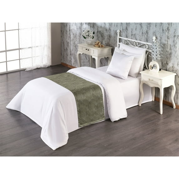 Abstract Bed Runner, Minimal Lines as Cage Motif Pattern Waving Geometric Stripes Print, Decorative Accent Bedding Scarf for Hotels Homes & Guest Rooms, Twin, Army Green White and Black, by Ambesonne