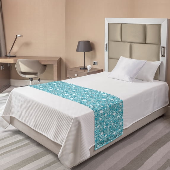 Abstract Bed Runner, Abstract Pattern with Bubbles in Different Sizes Modern Aqua Inspired Design, Decorative Accent Bedding Scarf for Hotels Homes and Guestrooms, Twin, Turquoise Teal, by Ambesonne