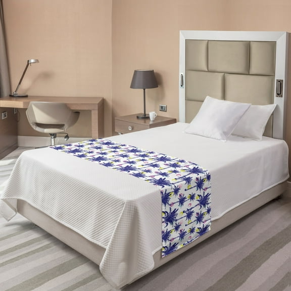 Abstract Bed Runner, Pattern with Tropic and Palm Trees Brushstroke Rounds, Decorative Accent Bedding Scarf for Hotels Homes and Guestrooms, Twin, Dark Lavender Multicolor, by Ambesonne