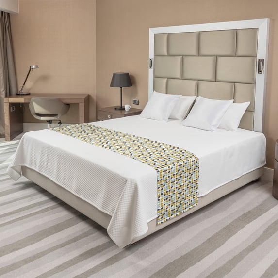 Abstract Bed Runner, Retro Mid-Century Modern Style Geometric Composition Classic Art, Decorative Accent Bedding Scarf for Hotels Homes and Guestrooms, Queen, Yellow Pale Seafoam White, by Ambesonne