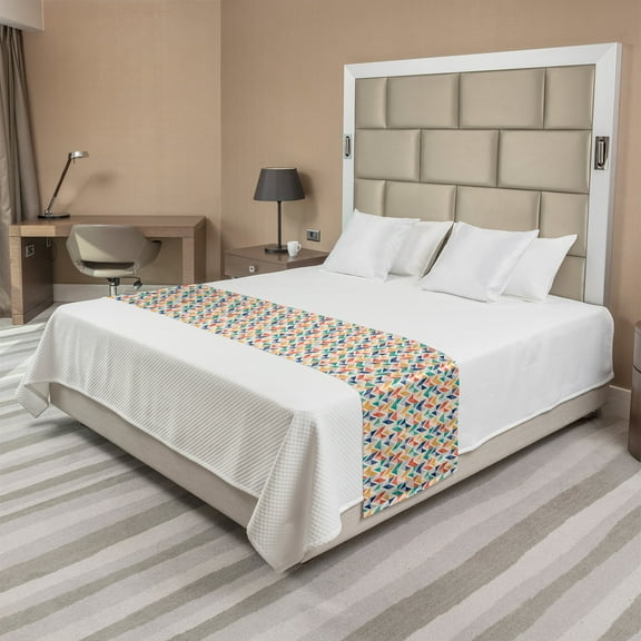 Abstract Bed Runner, Rhythmic Geometric Braid Motifs Dots Triangles Herringbone Style Arrangement, Decorative Accent Bedding Scarf for Hotels Homes and Guestrooms, Queen, Multicolor, by Ambesonne