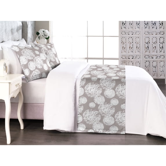 Abstract Bed Runner Set, Circular Sketchy Bold Dots with Scribbles Geometric Minimal Pattern, Decorative Bedding Scarf & 2 Pillow Shams for Hotels Homes, King, Pale Mauve Taupe White, by Ambesonne