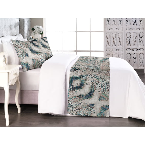 Abstract Bed Runner Set, Colorful Whimsical Shapes Minimalist Stars Grungy Illustration, Decorative Bedding Scarf & 2 Pillow Shams for Hotels Homes, King, Cadet Blue and Pale Chocolate, by Ambesonne
