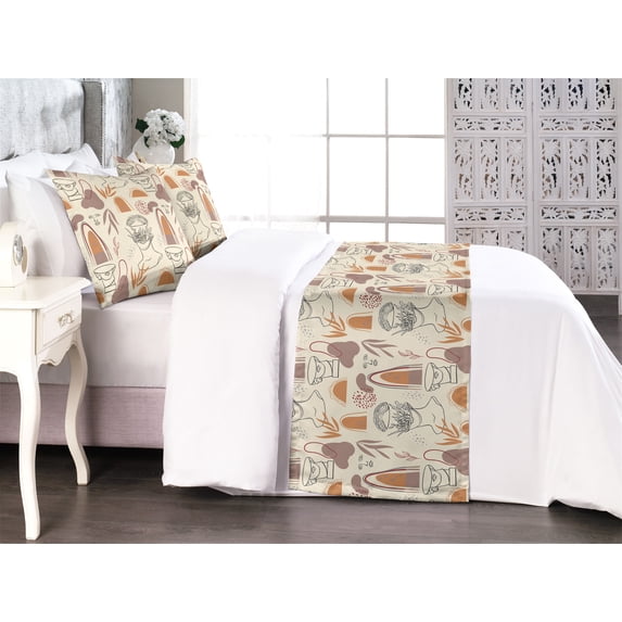 Abstract Bed Runner Set, Minimalist Designed Repetitive Human Face Sketch Pattern With Leaves, Decorative Bedding Scarf & 2 Pillow Shams for Hotels Homes, Queen, Eggshell Pale Mustard, by Ambesonne