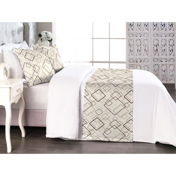 Abstract Bed Runner Set, Vintage Look Square Forms with the Soft Edges Reteo Geometric Pattern, Decorative Bedding Scarf & 2 Pillow Shams for Hotels Homes, King, Ivory Tan and Caramel, by Ambesonne