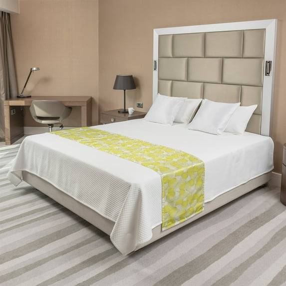 Abstract Bed Runner, Soft Tone Repetitive Pattern of Leaves Inspired Motifs in Monochrome, Decorative Accent Bedding Scarf for Hotels Homes and Guestrooms, Queen, Yellow and Pale Yellow, by Ambesonne