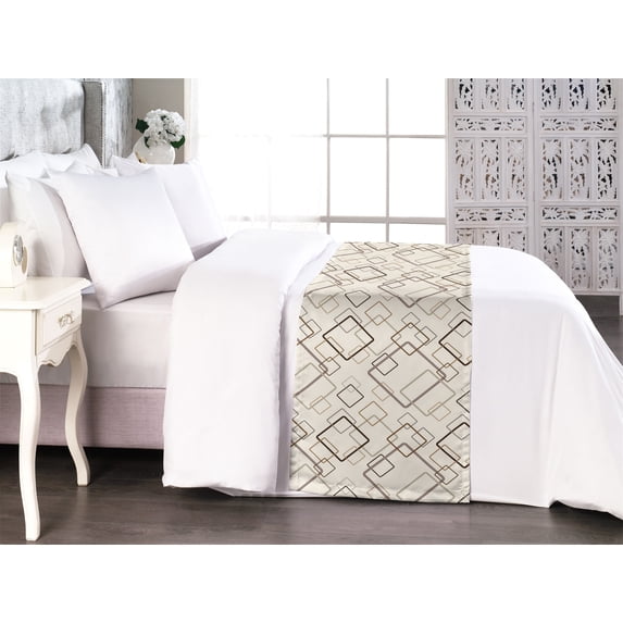Abstract Bed Runner, Vintage Look Square Forms with the Soft Edges Reteo Geometric Pattern, Decorative Accent Bedding Scarf for Hotels Homes & Guest Rooms, Queen, Ivory Tan and Caramel, by Ambesonne