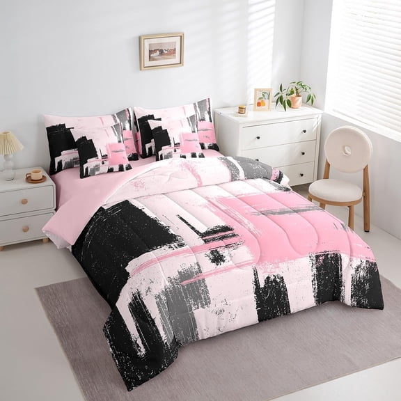 Abstract Bed Set Includes Comforter, Sheet Set, Pillowcases & Pillow Covers Modern Abstract Art 7 Piece Bedding Set Children Pink Black Pattern Bedding Set Queen Size