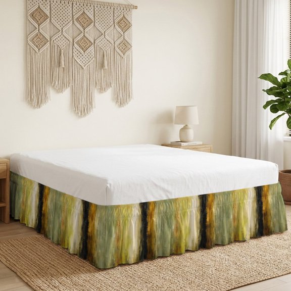 Abstract Bed Skirt California King Size 18 Inch Drop, Olive Green Amber Yellow Splattered Paint Specks Style Wrap Around Dust Ruffle Bedskirt with Adjustable Elastic Belt