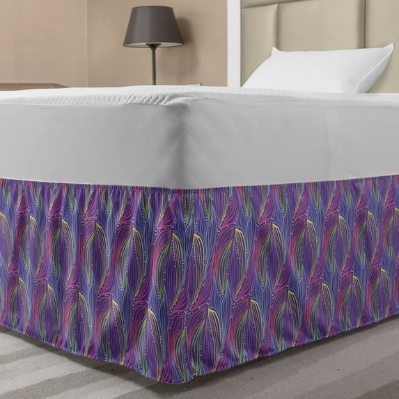 Abstract Bed Skirt, Colorful Striped Leaves and Little Dots Doodle Style Foliage Pattern, Elastic Bedskirt Dust Ruffle Wrap Around for Bedding Decor, 4 Sizes, Violet and Multicolor, by Ambesonne