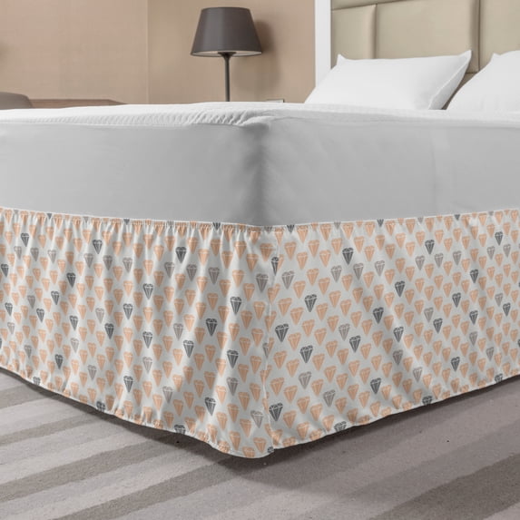 Abstract Bed Skirt, Continuous Simple Pastel Crystal Diamond Shapes with Geometric Details Print, Elastic Bedskirt Dust Ruffle Wrap Around for Bedding Decor, 4 Sizes, Peach and Grey, by Ambesonne