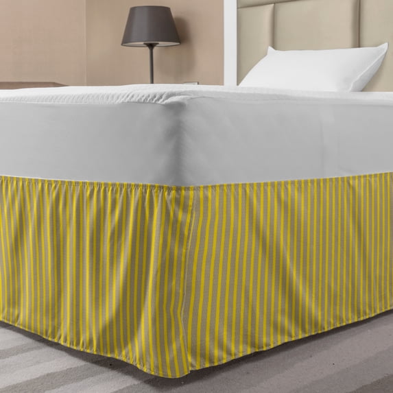 Abstract Bed Skirt, Continuous Symmetry Vertical Stripes and Dots Illustration Pattern, Elastic Bedskirt Dust Ruffle Wrap Around for Bedding Decor, 4 Sizes, Yellow and Dark Eggshell, by Ambesonne