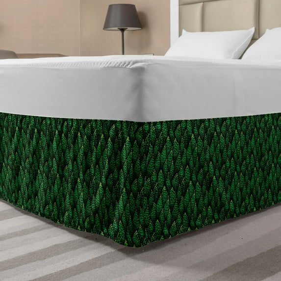 Abstract Bed Skirt, Creative Green Toned Monochrome Dotted Leaves, Elastic Bedskirt Dust Ruffle Wrap Around for Bedding Decor, 4 Sizes, Dark Green Emerald, by Ambesonne