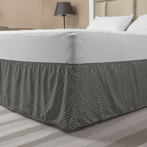Abstract Bed Skirt, Geometric Maze Like Layout of Symmetric Stripes Graphic Structure, Elastic Bedskirt Dust Ruffle Wrap Around for Bedding Decor, 4 Sizes, Dark Grey and Eggshell, by Ambesonne