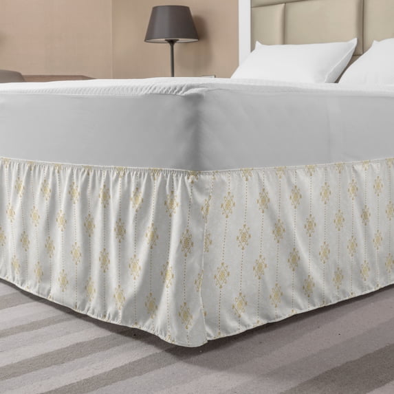 Abstract Bed Skirt, Horizontal Ornates Eastern Style Vintage Pattern, Elastic Bedskirt Dust Ruffle Wrap Around for Bedding Decor, 4 Sizes, Off White Camel, by Ambesonne