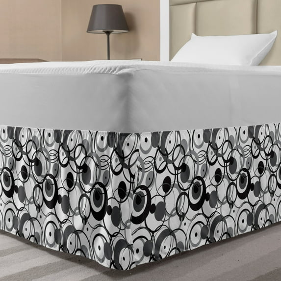 Abstract Bed Skirt, Monochrome Circles Dots Surreal Expressionism Inspired Geometric Modern Art, Elastic Bedskirt Dust Ruffle Wrap Around for Bedding Decor, 4 Sizes, Grey Black White, by Ambesonne
