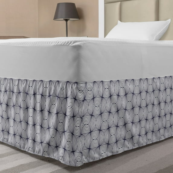 Abstract Bed Skirt, Pattern of Squares with Striped Half Circles Geometric Details, Elastic Bedskirt Dust Ruffle Wrap Around for Bedding Decor, 4 Sizes, Dark Night Blue White, by Ambesonne