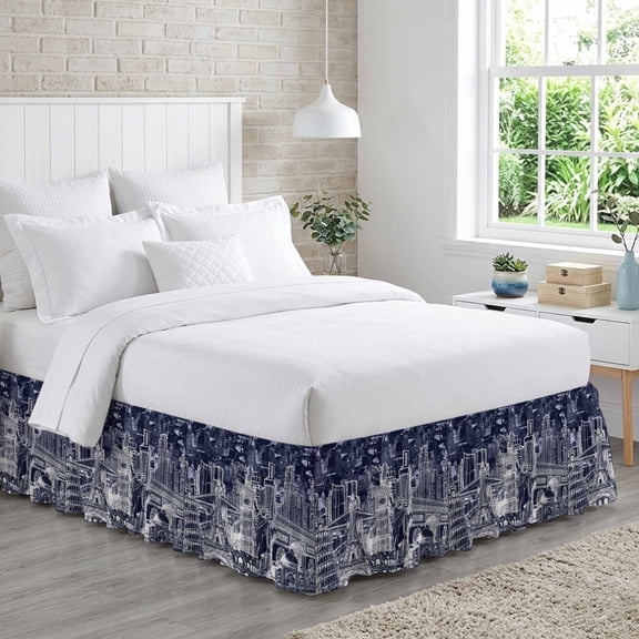 Abstract Bed Skirt Queen Size 18 Inch Drop, Navy Blue and White Global Landmarks Collage Art Adjustable Elastic Dust Ruffles Bedskirt for Queen Bed Wrap Around Pleated Mattress Frame Cover