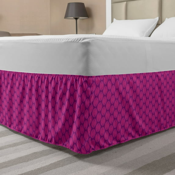 Abstract Bed Skirt, Tribal Inspired Retro Funky Hand Drawn Circular Symmetric Motif, Elastic Bedskirt Dust Ruffle Wrap Around for Bedding Decor, 4 Sizes, Hot Pink Dark Magenta, by Ambesonne