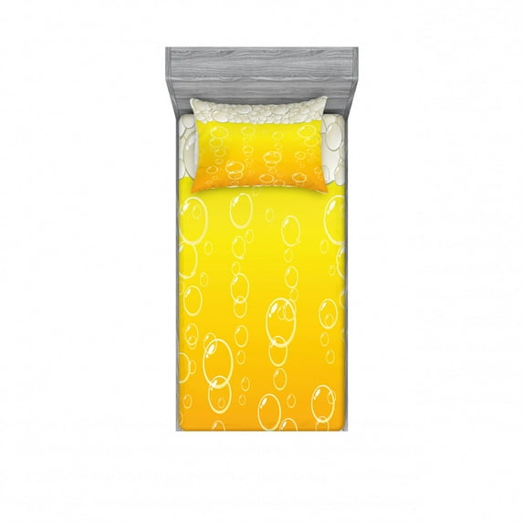 Abstract Bedding Set with Sheet & Covers, Close up Bubbles and Beer Macro Alcohol Drink Refreshment Graphic Illustration, Printed Bedroom Decor 2 Shams, 4 Sizes, Yellow White, by Ambesonne