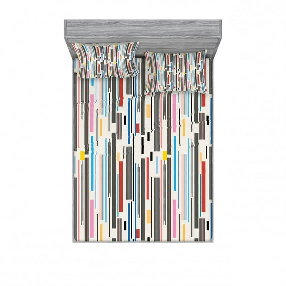 Abstract Bedding Set with Sheet & Covers, Colorful Graphic Pattern of Various Stripes Vintage Creative Composition Grungy, Printed Bedroom Decor 2 Shams, 4 Sizes, Multicolor, by Ambesonne