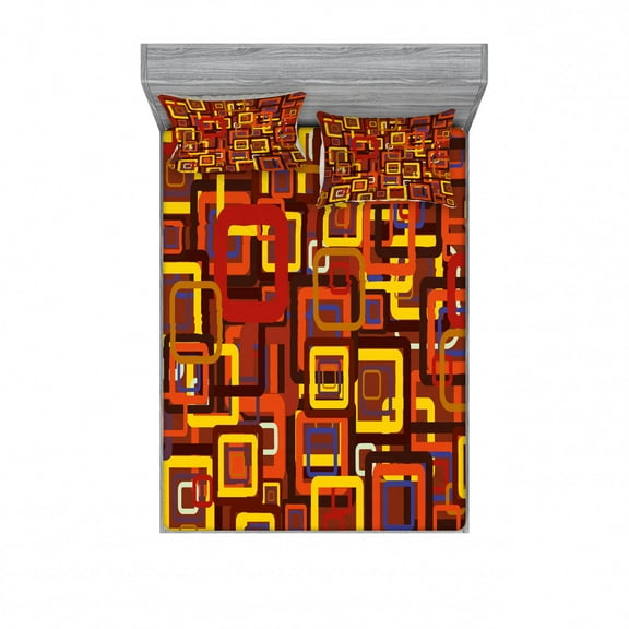 Abstract Bedding Set with Sheet & Covers, Colorful Trippy Square Shaped Geometric Retro Textured Modern Graphic, Printed Bedroom Decor 2 Shams, 4 Sizes, Multicolor, by Ambesonne
