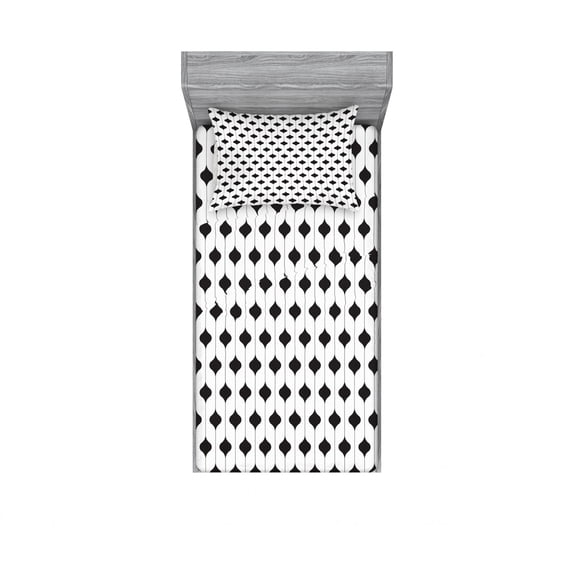 Abstract Bedding Set with Sheet & Covers, Curved Shaped Vertical Lines with Oval Waves Damask Old Fashioned Art Design, Printed Bedroom Decor 2 Shams, 4 Sizes, White and Black, by Ambesonne