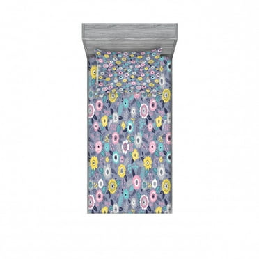 Abstract Bedding Set with Sheet & Covers, Doodled Drawn Cartoon Style Colorful Flower with Leaves and Buds, Printed Bedroom Decor 2 Shams, 4 Sizes, Multicolor, by Ambesonne
