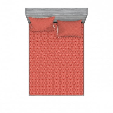 Abstract Bedding Set with Sheet & Covers, Eastern Style Composition of Oriental Motifs Warm Colored Arrangement, Printed Bedroom Decor 2 Shams, 4 Sizes, Vermilion and White, by Ambesonne