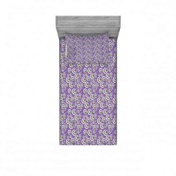Abstract Bedding Set with Sheet & Covers, Eighties Style Pattern with Geometrical Circles Retro Graphic Pattern, Printed Bedroom Decor 2 Shams, 4 Sizes, Violet Taupe and Grey, by Ambesonne