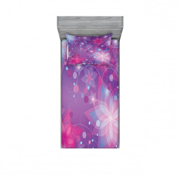 Abstract Bedding Set with Sheet & Covers, Floral Dreamlike Composition with Romantic Lilies Little Dots Swirls, Printed Bedroom Decor 2 Shams, 4 Sizes, Violet Pink Pale Blue, by Ambesonne