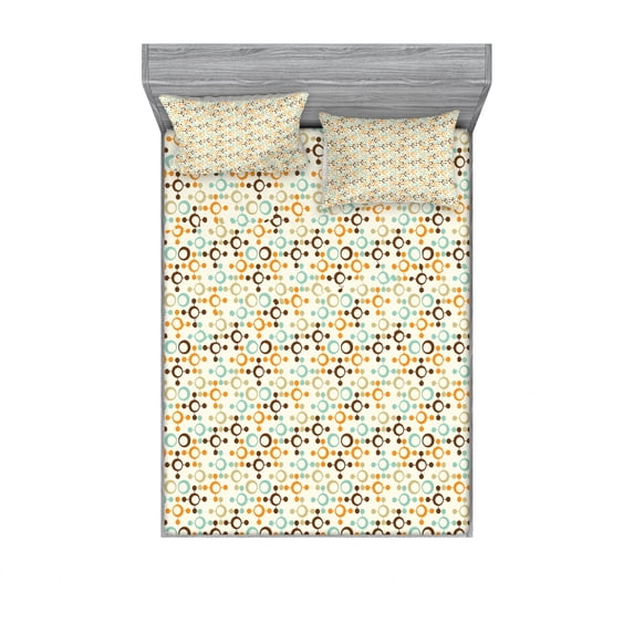 Abstract Bedding Set with Sheet & Covers, Funky Molecule Like with Circles and Dots Science Lab Theme, Printed Bedroom Decor 2 Shams, 4 Sizes, Orange Grey Pale Blue, by Ambesonne