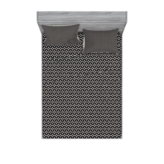 Abstract Bedding Set with Sheet & Covers, Hand Drawn Composition Ink Style Half Circles with Grunge Effect, Printed Bedroom Decor 2 Shams, 4 Sizes, Charcoal Grey and Ivory, by Ambesonne