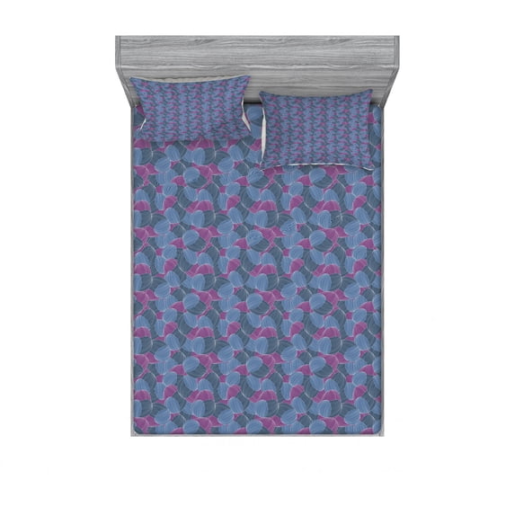 Abstract Bedding Set with Sheet & Covers, Hand-drawn Waves Striped Petals and Leaves Pattern in Retro Style, Printed Bedroom Decor 2 Shams, 4 Sizes, Dark Blue Violet, by Ambesonne