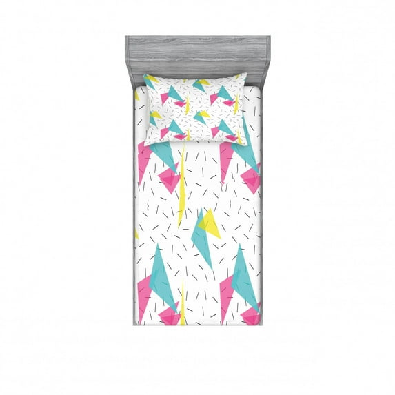 Abstract Bedding Set with Sheet & Covers, Memphis Style Modern Geometric Forms with Lines Colorful Triangles Graphic, Printed Bedroom Decor 2 Shams, 4 Sizes, Multicolor, by Ambesonne